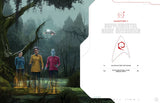 Three characters in colorful uniforms standing in a forest with a Star Trek logo on the right.