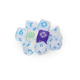 Set of blue and white polyhedral dice with various symbols on a white background