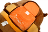 Plush orange backpack labeled 'Everdell' on a white background