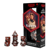 Stranger Things Eleven dice set with packaging on a white background