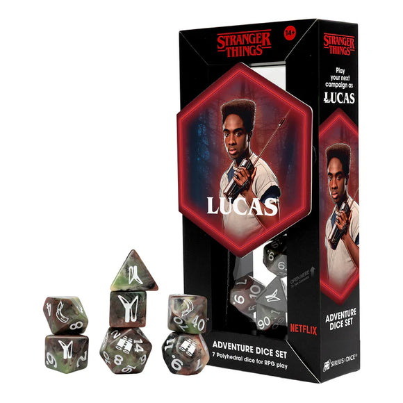 Stranger Things adventure dice set with Lucas character on packaging