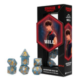 Stranger Things adventure dice set with Will character on packaging