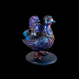 Colorful figurine of a robot on a bird-like creature with a black background