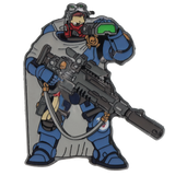 Character in futuristic armor with a large weapon on a white background