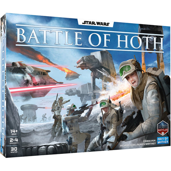 Board game box for 'Star Wars: Battle of Hoth' with characters and vehicles on a snowy landscape.