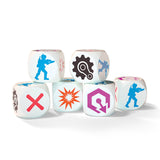 Set of dice with various symbols on a white background