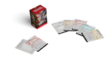 Card game components including cards and a box on a white background