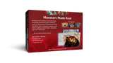 Red box packaging for 'Monsters Made Real' with text and images on a white background