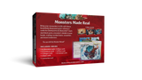 Red box packaging for 'Monsters Made Real' with text and images on a white background