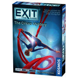 Board game box for 'Exit: The Circus Mystery' by Kosmos with a circus performer on red ribbons.