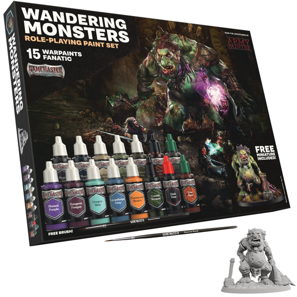 Wandering Monsters role-playing paint set with paint bottles, brush, and miniatures on a white background