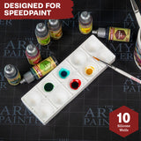 Art supply set with paint bottles and a palette on a black surface, featuring 'The Army Painter' branding.