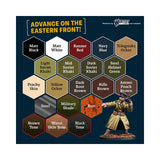 Color chart for miniature painting with hexagonal color swatches and a figure on a blue background.