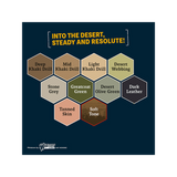 Color swatch chart with desert-themed colors on a blue background