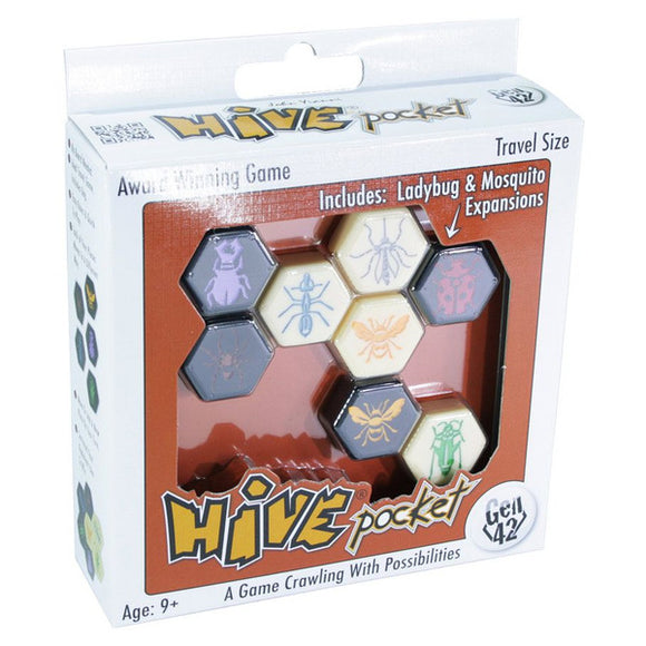 Hive pocket game packaging with hexagonal tiles on a white background
