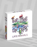 The Isle of Cats & Late Arrivals board game box shown at a slight angle on a light gray background. The box is white with colorful illustrations of cats and a ship, and the title is written in large stylized letters.