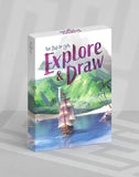 Board game box titled 'Explore & Draw' with a ship and island illustration on a gray background