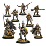 Collection of detailed Trench Crusade miniature figurines on a white background