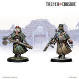 Two miniature figures from 'Trench Crusade' with a stylized background.