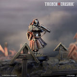 Miniature figure from 'Trench Crusade' with a dark, cloudy background
