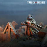 Figurine of a character in a hooded cloak holding a rifle in a war-torn landscape with 'Trench Crusade' branding.