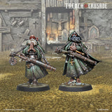 Two miniature figures from 'Trench Crusade' with a detailed background