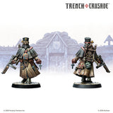 Two miniature figures from 'Trench Crusade' with a stylized village background.