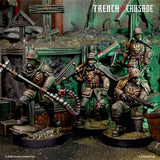 Miniature figures from 'Trench Crusade' with detailed uniforms and weapons in a war-torn setting.