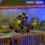Miniature figure from 'Trench Crusade' with a rugged background