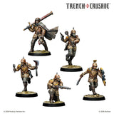 Five miniature figurines from the game 'Trench Crusade' on a white background.