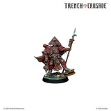 Miniature figurine with red hood and armor on a white background, featuring 'Trench Crusade' branding.