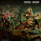 Two figurines from 'Trench Crusade' with a dark, rocky background.