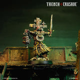 Warhammer figurine with armor and sword on a dark background, featuring 'Trench Crusade' branding.