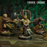 Miniature figures from 'Trench Crusade' with detailed costumes and weapons on a dark background.