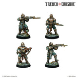 Four miniature figures from the game 'Trench Crusade' on a white background.