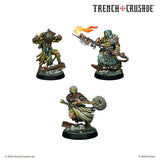 Three miniature figurines from the game 'Trench Crusade' on a white background.