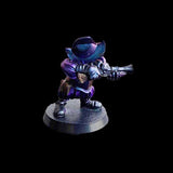 Miniature figurine of a character with purple and blue armor on a black background