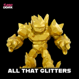 Gold robot figurine with 'Turbo Dork' branding on a black background