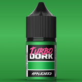 Green bottle labeled 'Turbo Dork Appleseed' on a green background