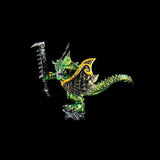 Metallic dragon figurine with a sword on a black background