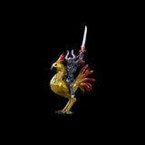 Figurine of a warrior on a golden rooster with a sword against a black background