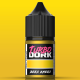 Bottle of Turbo Dork paint with a black cap on a yellow background