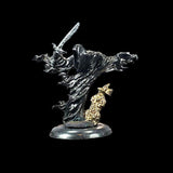 Metallic figurine with a dragon-like creature and a small figure on a black background