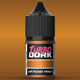 Bottle of Turbo Dork paint with a black cap on an orange background