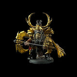 Fantasy figurine with gold and black armor on a black background