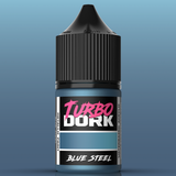 Bottle of Turbo Dork Blue Steel paint with black cap on a blue background