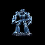 Metallic robot figurine on a black background