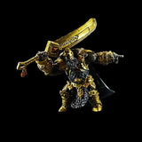 Metallic warrior figurine with a sword on a black background