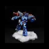 Blue robot figure on a black background