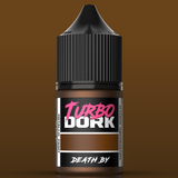Bottle of Turbo Dork metallic paint on a brown background